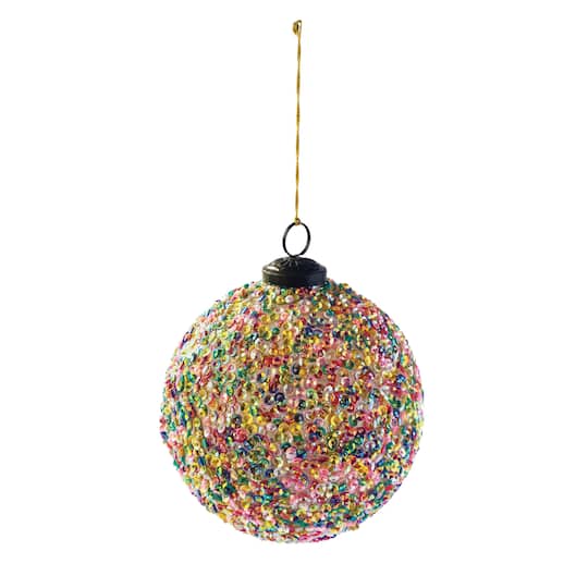 Hello Honey® 5" Multicolor Glass Ball Ornament with Sequins